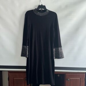 Calvin Klein Nailhead Embellished Knit Long  Sleeve Black Dress, L